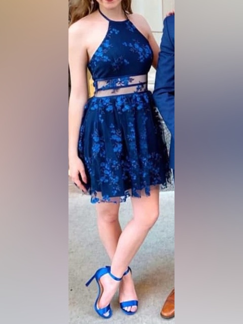 Gianni Bini Navy Blue Halter with Royal Blue Floral Embroidery Dress Jr. size 1